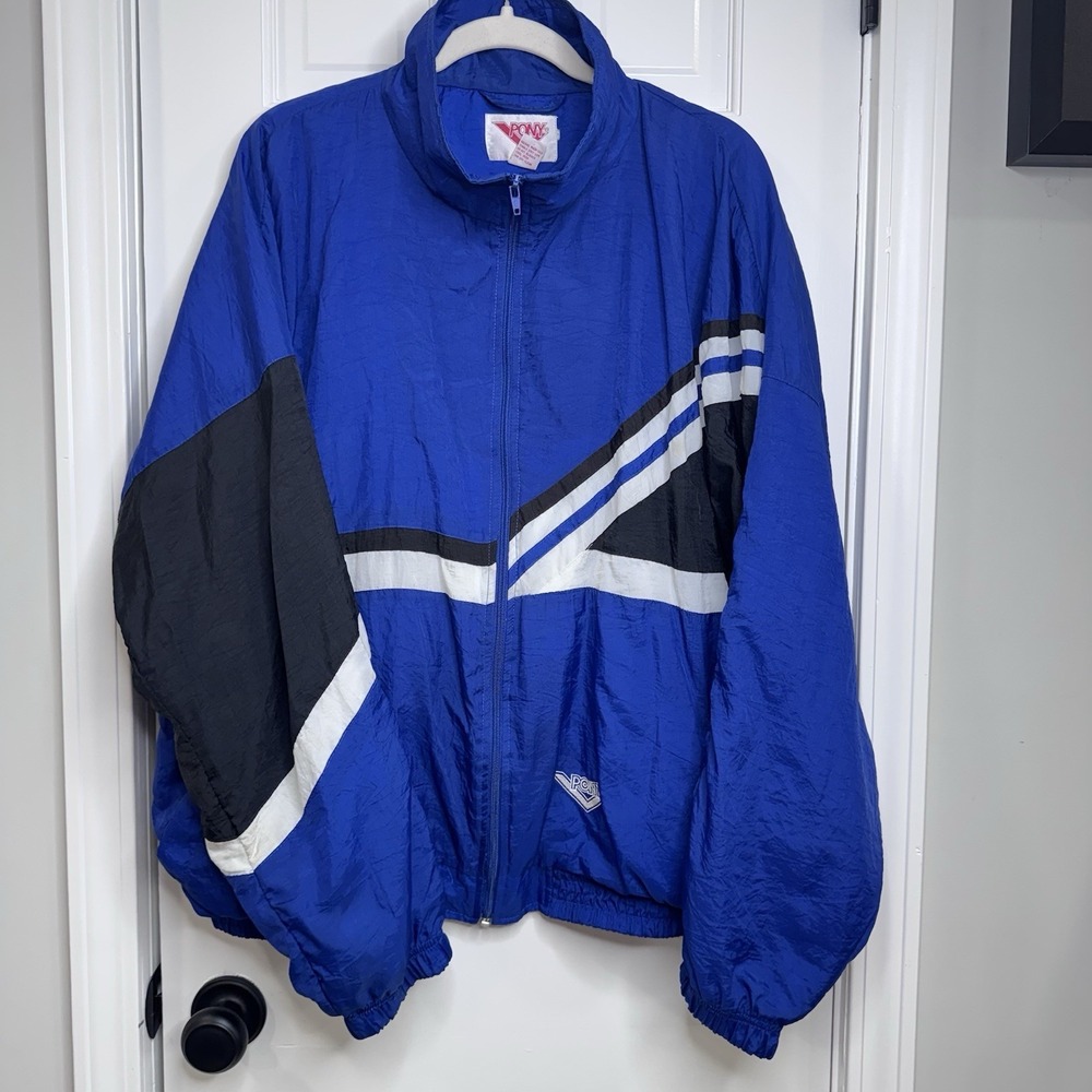 Vintage Pony Windbreaker Jacket Mens XL Blue Colorblock Full Zip 90s Retro